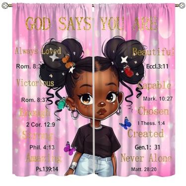 Imagem de AAVEUP Cortinas de decoração de meninas negras para crianças, desenho animado de fantasia rosa menina afro-americana amor borboleta citações fofas cortinas de janela impressão para berçário meninas