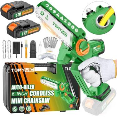 Imagem de Tomyvic Mini motosserra para uso familiar: motosserra de bateria sem escova de 15 cm com lubrificante automático e tensor sem ferramentas - fácil operação para mulheres - Aparar galhos de quintal