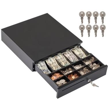 Imagem de Volcora Gaveta de caixa registradora eletrônica para sistema de ponto de venda (POS), 5 notas/8 moedas, 40,6 cm com compartimentos ajustáveis para moedas, 24 V, trava RJ11/RJ12, compartimento para