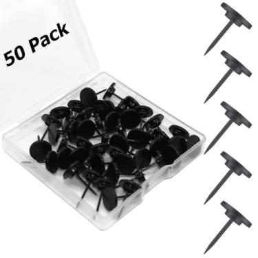 Imagem de 50 pinos de pressão para quadro de avisos, tachas pretas de metal para fotos de pendurar na parede, pregos, tachas de polegar planas para drywall, pinos de parede para sombra, escritório, decoração de
