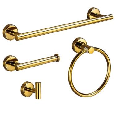 Imagem de Conjunto de acessórios para banheiro de ouro brilhante, barra de toalha de aço inoxidável 304, suporte para papel higiênico, gancho, kit de prateleira para banheiro, conjunto de 4 peças c