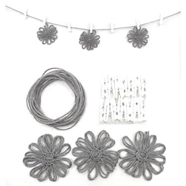 Imagem de Faixa de guirlanda de fotos - porta-cartões para foto/clipe - Mini prendedores de roupa com barbante decorativo de juta (cinza: juta - flores - prendedores de roupa)