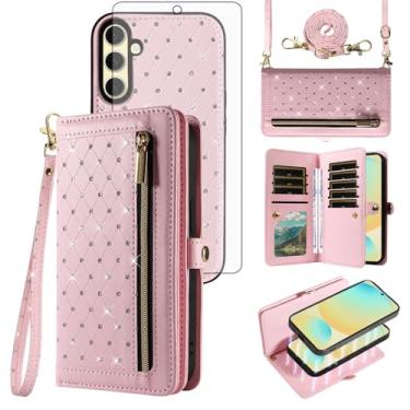 Imagem de Asuwish Capa de celular para Samsung Galaxy S24 FE 5G Carteira com zíper destacável com protetor de tela de vidro temperado alça transversal Bling Flip porta-cartão de crédito S 24 EF S24FE 24S