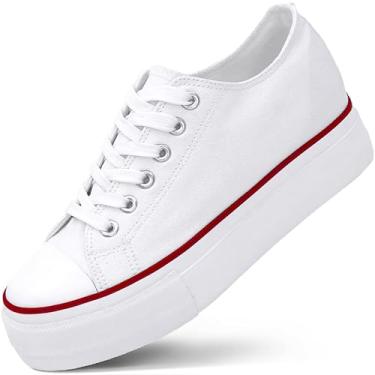 Imagem de Tênis plataforma feminino 5 cm Altura Boost Hidden Wedge Sneaker, tênis de lona com salto alto de altura moderno tênis branco para mulheres e meninas, Branco, 34