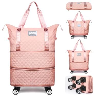 Imagem de Bolsa de viagem com rodinhas e alça, bolsa de viagem expansível, bolsa de viagem dobrável com rodas, bolsa de transporte com rodas, bagagem grande com rodas, rosa, rosa, 3 Layer, Expansível