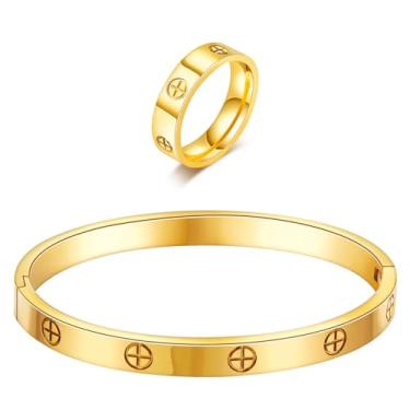 Imagem de Pulseira de amor da amizade banhada a ouro 18 K com anel conjunto de joias para mulheres, pulseira oval de aço inoxidável, simples, articulada, zircônia cúbica, pedras, bracelete, melhores presentes