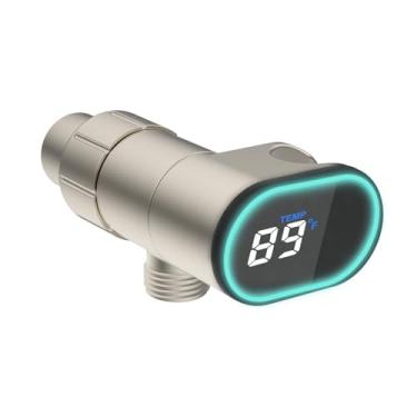 Imagem de Hibbent Suporte de chuveiro de metal atualizado com termômetro de chuveiro com visor de LED, suporte de braço de chuveiro ajustável para cabeça de chuveiro portátil, suporte universal, esfera de latão