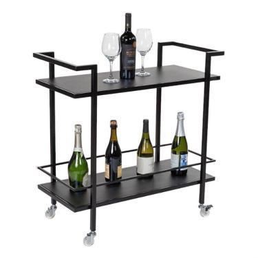 Imagem de Carrinho Para Bebidas Alça Dupla Estilo Industrial Com Prateleiras Em Mdf Preto