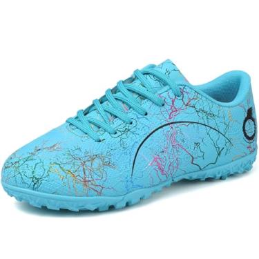 Imagem de DISRATEBLU Sapatos de futebol para crianças, meninos, meninas, tênis de treinamento de futebol juvenil, terreno firme, grama atlética, uso ao ar livre, tênis de futebol profissional, Turquesa, 17