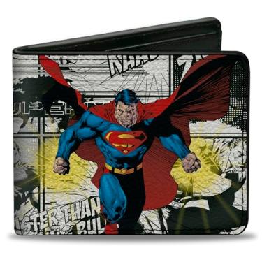 Imagem de Carteira dupla DC Comics com carteira padrão e compartimentos para cartão, painéis de quadrinhos Superman B-Movie com poses, couro vegano, Amarelo, 4.0" x 3.5", Casual