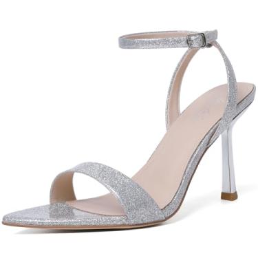 Imagem de Mostrin Sandálias femininas de salto alto com tiras de cadarço e tira no tornozelo, bico fino, bico aberto, salto alto para formatura, festa, dia a dia, Prata, 40