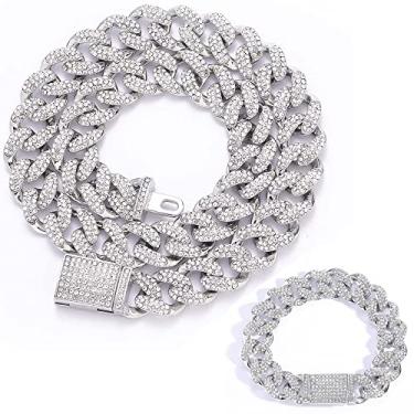 Imagem de EMESLY Corrente de elos cubanos Miami / Colar de prata (40, 46, 50, 56, 61, 76 cm); pulseira hip hop (comprimento de 20 cm) para homens e mulheres; joia perfeita para presente brilhante, 20.0 Inches,