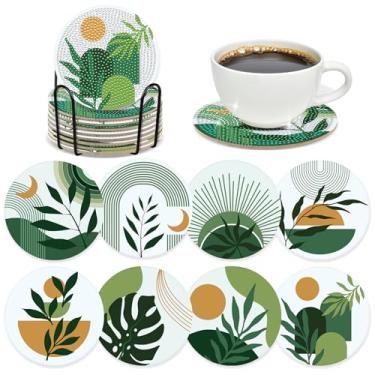 Imagem de INCOK Porta-copos Boho Diamond Art - 8 peças DIY planta verde diamante pintura kits com suporte para bebidas café pedra estética arte artesanato suprimentos aniversário Páscoa presente para iniciantes