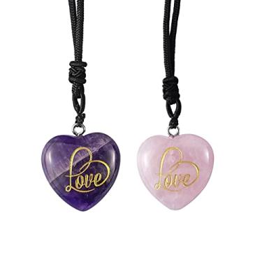 Imagem de TUMBEELLUWA Colares de ametista natural e cristal de quartzo rosa, conjunto de amuleto com 2 peças de pingentes de pedra esculpida com cordão ajustável para homens e mulheres, Ametista e pedra de