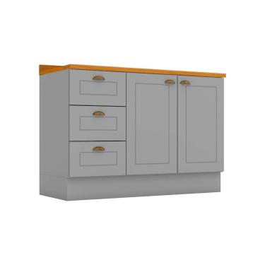 Imagem de Gabinete de Cozinha Modulado Balcão p/ Pia c/ Tampo Americana c/ 2 Portas e 3 Gavetas 120cm Cinza - Henn