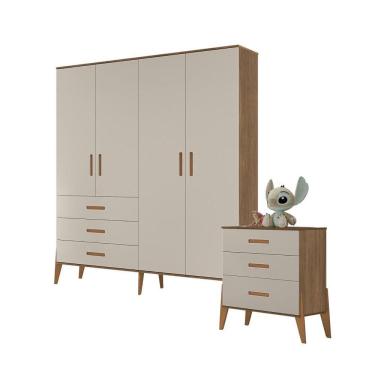 Imagem de Quarto Infantil Com Guarda Roupa 4 Portas E Comoda Carvalho Canaã Baby