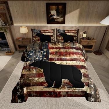 Imagem de Feelyou Conjunto de edredom rústico com urso, bandeira americana, tamanho casal, para crianças, meninos, meninas, animais selvagens, respirável, microfibra macia, vintage, decoração de quarto