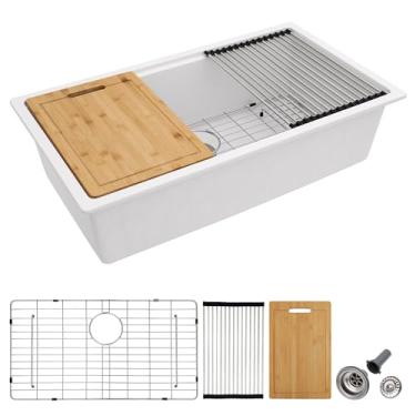 Imagem de Pia de cozinha composta de granito 32 – Fulorni 81 cm x 48 cm Pia de cozinha de granito com borda submontada, estação de trabalho de quartzo branco clássico sob o balcão, bacia de tigela única