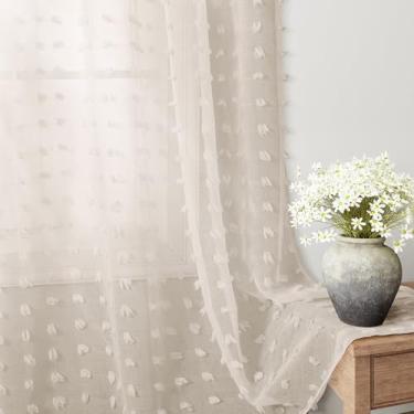 Imagem de Cortinas Guken transparentes com bolso para varão, elegante, conjunto de cortina de voil, pompom, sólido, bordado, painéis de tratamento de janela W52 x L84 Peachpuff Pink