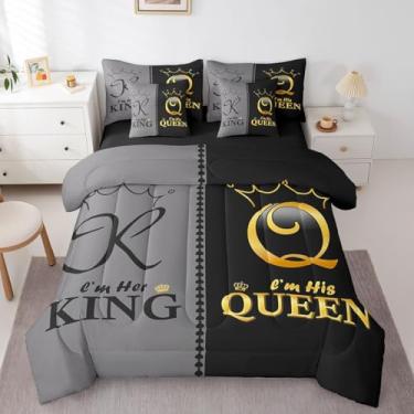 Imagem de Erosebridal Conjunto de edredom King e Queen, casal King e Queen, para homens e mulheres, preto e cinza dourado em uma bolsa com lençóis, conjunto de cama romântico para o dia dos namorados e
