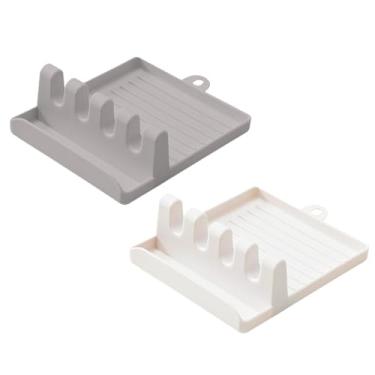 Imagem de Kit 2 Suporte Descanso de Talher Tampas de Panela Colher Concha Espátula Organizador de Utensílios Versátil (2, 1 CINZA + 1 CREME)