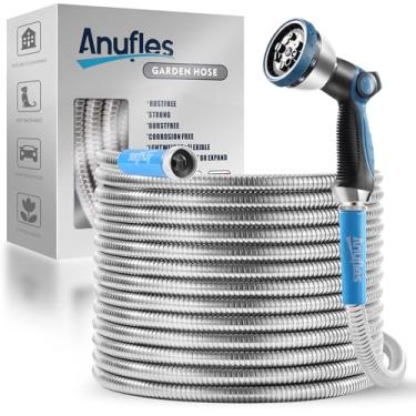 Imagem de Mangueira de jardim de metal de 3 m - Design atualizado sem dobras e resistente à ferrugem, mangueira de jardim de aço inoxidável com encaixe sólido e bocal de 10 funções, mangueira externa durável e