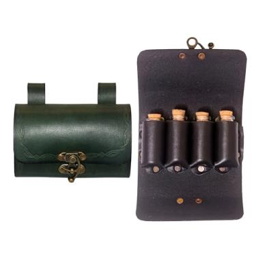 Imagem de Lord of Battles Bolsa para cinto de couro Medieval Alchemy Buff com 4 mini garrafas de vidro | The Elfic Potion Bolsa lateral para cinto vintage para Ren Faire, cosplay, Verde, Medieval
