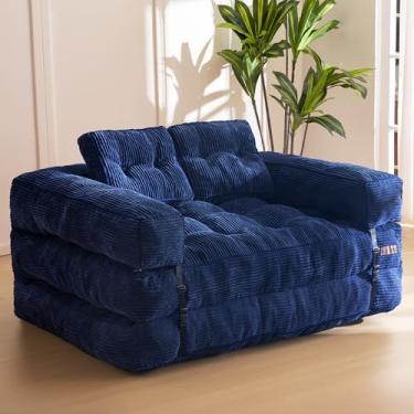 Imagem de MAXYOYO Sofá-cama dobrável, sofá-cama conversível em forma de L com apoio de braço Sofá-cama dobrável com travesseiro, cadeira dobrável portátil, confortável, para sala de estar, quarto, azul-marinho