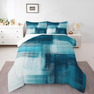 Imagem de Feelyou Conjunto de edredom de arte abstrata azul, arte moderna, tamanho casal, pintura a óleo abstrata, edredom geométrico, respirável, macio, leve, microfibra, 3 peças
