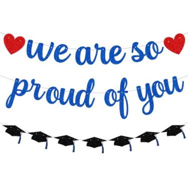 Imagem de ANFEST Faixa de formatura 2025, pré-amarrada We Are So Proud of You Guirlanda para festa de formatura de parabéns, sem cartolina brilhante preta e azul DIY para sala de aula escolar, festa em casa