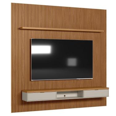 Imagem de Painel Ripado Marisa Com 1 Nicho Com Tampo Engrossado E 1 Prateleira Nature E Off White 260x250 Cm