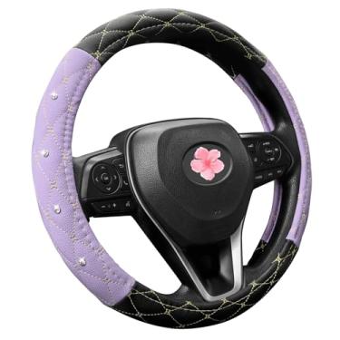 Imagem de Capa de volante de couro, respirável, antiderrapante, preto, branco, ajuste universal, protetor de roda de carro de 35.6 cm 1/5.1-38.1 cm para mulheres, meninas, SUVS, Sedans, carros, caminhões (roxo