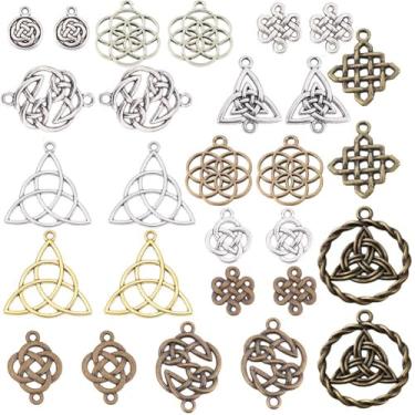 Imagem de SUNNYCLUE 1 caixa de 56 peças amuletos de nó celta amuleto de nó irlandês trindade ligando contas de nó estilo tibetano pingentes de liga redonda plana para fazer joias, brincos faça você mesmo