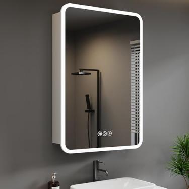 Imagem de HBEZON Armário De Remédios Com Luzes Led E Espelho, Banheiro 24 X 30 Pol., Superfície Ou Embutido, Porta, Desembaçador, Função Memória, Modo 3 Cores, Tomada Usb, Dimmer, Prateleira Armazenamento