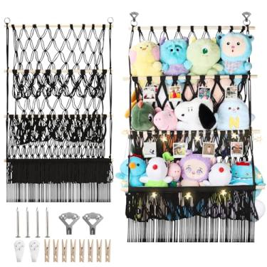 Imagem de iHansee Prateleira De Parede Com 3 Níveis Para Bichos Pelúcia, 24 X 39 Pol., Grande Suporte Armazenamento Pelúcia Luz Led E Clipes Mini Bichinhos Médios, Rede Exposição Brinquedos Macramê Estilo Boh