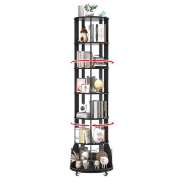 Imagem de iabifo Estante Giratória De 6 Níveis Com Rodízios Trava, Vertical 360°, Organizador Chão Giratório Para Espaços Pequenos, Canto, Sala Estar, Quarto, Preto
