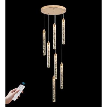 Imagem de YwueChwu Lustre De Cristal Dourado Com 7 Luzes Para Escada Teto Alto, Espiral Moderna, Gota Chuva, Regulável, Conjunto Bolhas Led, Luminária Suspensa Hall Entrada, Sala Estar, Controle Remoto