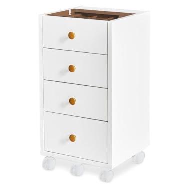 Imagem de JanlyHome Cômoda pequena com 4 gavetas embaixo da mesa, 4 arquivos de armazenamento de escritório doméstico com tampo de vidro, suporte de impressora móvel com rodas bloqueáveis para estudo de