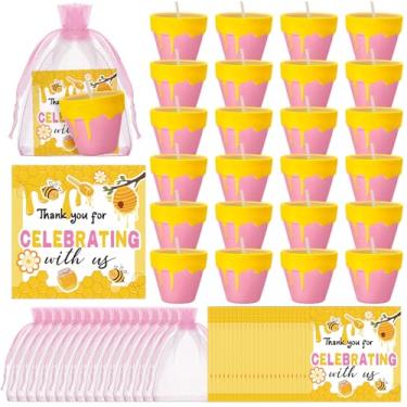 Imagem de Conelist Conjunto de 24 velas temáticas de abelha para chá de bebê, lembrancinhas de festa, pote de mel fofo com etiquetas de agradecimento, sacos de organza, presentes de chá de bebê, presentes para