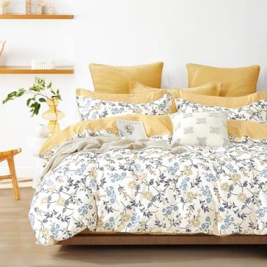 Imagem de LEMIROE Edredom King de algodão floral amarelo - laranja, azul e cinza ardósia padrão botânico em branco off-white, design reversível, conjunto de cama leve de 3 peças com enchimento alternativo macio