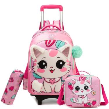 Imagem de Egchescebo Mochila Escolar Infantil com Rodinhas para Meninas e Crianças Rodas Bolsa Mala Carrinho 17” 3PCS Lancheira Juvenil Estojo Costas Divertidamente Rodas Amovível Viagem Gato de Peluche Rosa