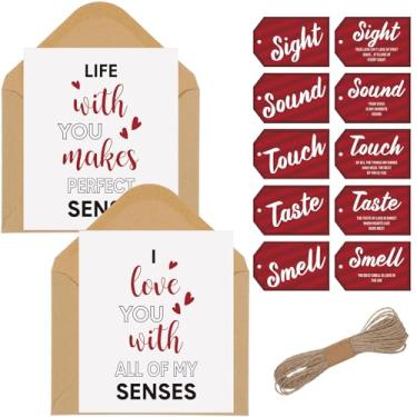 Imagem de Faccito Conjunto de etiquetas de presente 5 Senses Five Senses e envelopes Kraft com cordas para ele e ela para presentes de casamento de aniversário (vermelho)