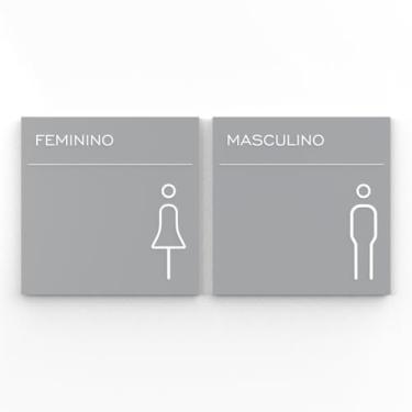 Imagem de Placa de Sinalização Banheiro, Masculino e Feminino, Modelo Capri Cinza e Branco