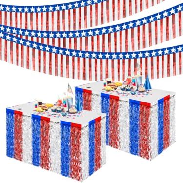 Imagem de Oudain 6 peças de decorações de 4 de julho, inclui 2 pacotes de saias de mesa com franja metálica ondulada patriótica, pacote com 4 faixas de franja vermelha, branca e azul para o Dia do Trabalho
