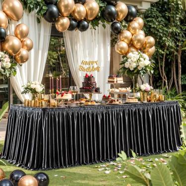 Imagem de Wish Care Saia de mesa preta de cetim de 6,4 m de comprimento, retangular, sem rugas, com glitter, toalha de mesa plissada, para casamento, aniversário, formatura, festa, buffet, exibição de decoração