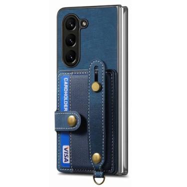 Imagem de POYUFRG Capa carteira para Samsung Galaxy Z Fold 7, capa retrô de couro antiderrapante com suporte para lente de câmera, azul, Z Fold 7
