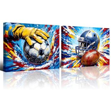 Imagem de Arte de parede de futebol de grafite emoldurado, decoração de parede de pôsteres de basquete de arte de grafite esportivo, tema esportivo, pinturas coloridas em tela de futebol para quarto de meninos