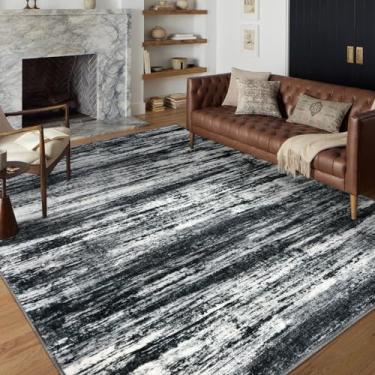 Imagem de KOZYFLY Tapete de área 15 x 23 cm moderno ombré para sala de estar, tapetes grandes laváveis tapete listrado macio antiderrapante para quarto, preto azul marinho cinza tapete abstrato para lavanderia