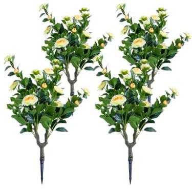 Imagem de Conjunto de 4 árvores de topiaria artificial com estacas de metal, plantas falsas de PE resistentes a UV de 120 cm com flores de camélia para decoração interna/externa, amarelo