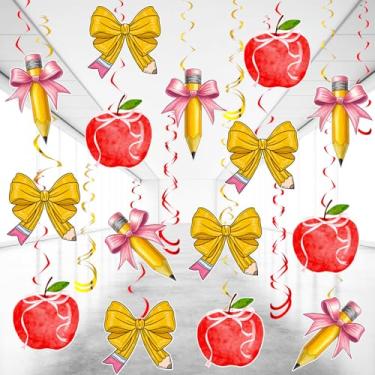 Imagem de Weekgrat 105 Pcs Back to School Party Decorations Apple Bow Pencil Hanging Decor with 15 Pcs Double Swirls 45 Pcs Single Swirls First Day of School Ceiling Hanging Decorations for Preschool Party
